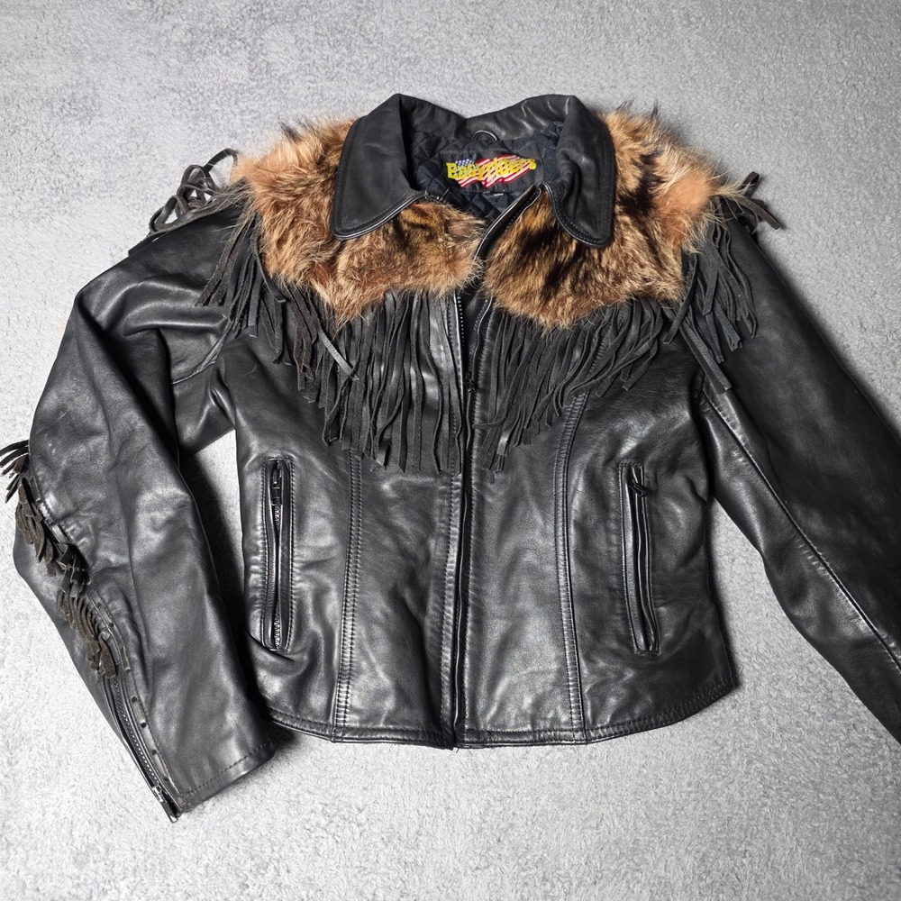 Easyriders Womens 46 Biker Jacket Black Leather Fringe Faux Fur Collar Vintage